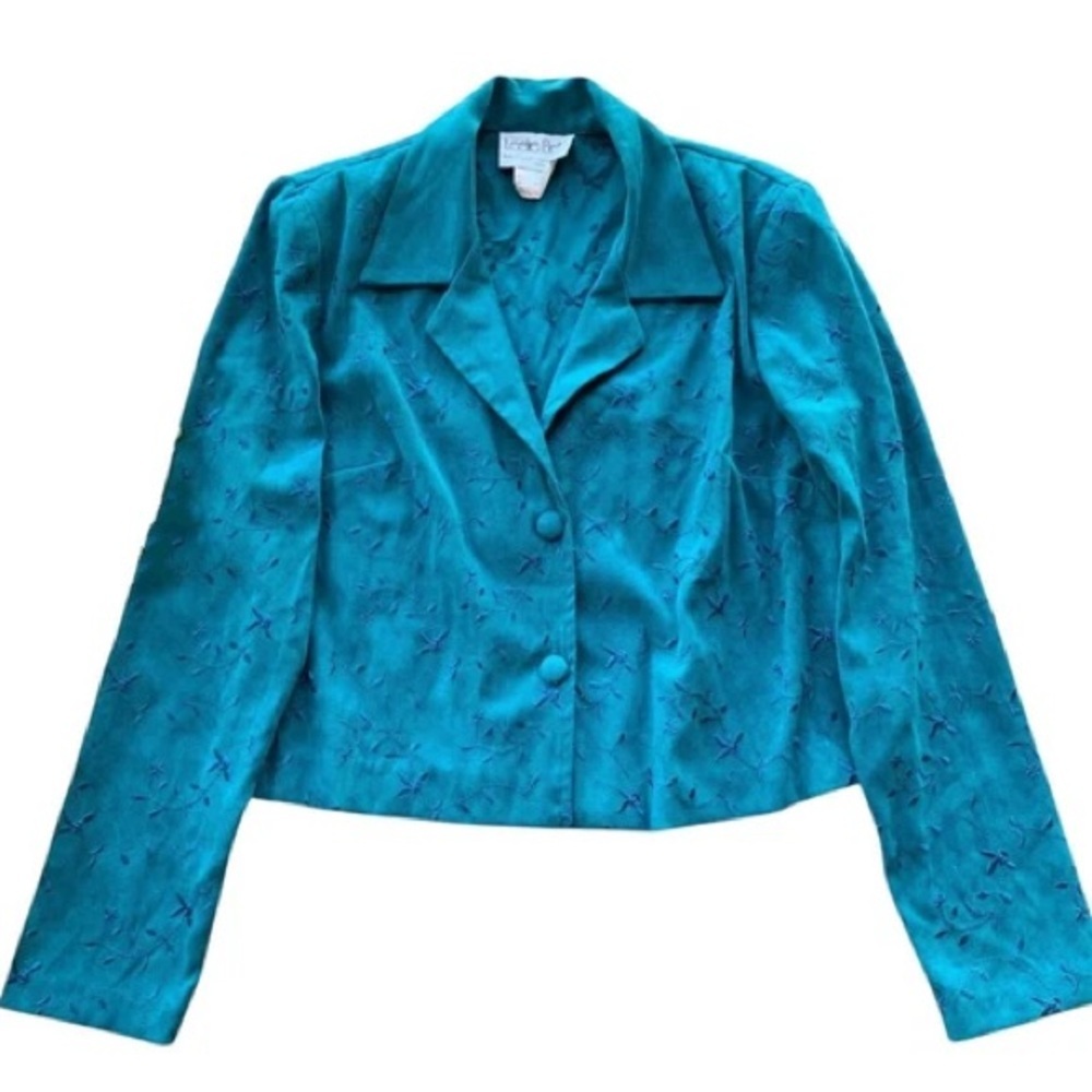 Leslie Belle Canada Faux Suede Embroidered Buttoned Blazer Jacket Blue Size 6